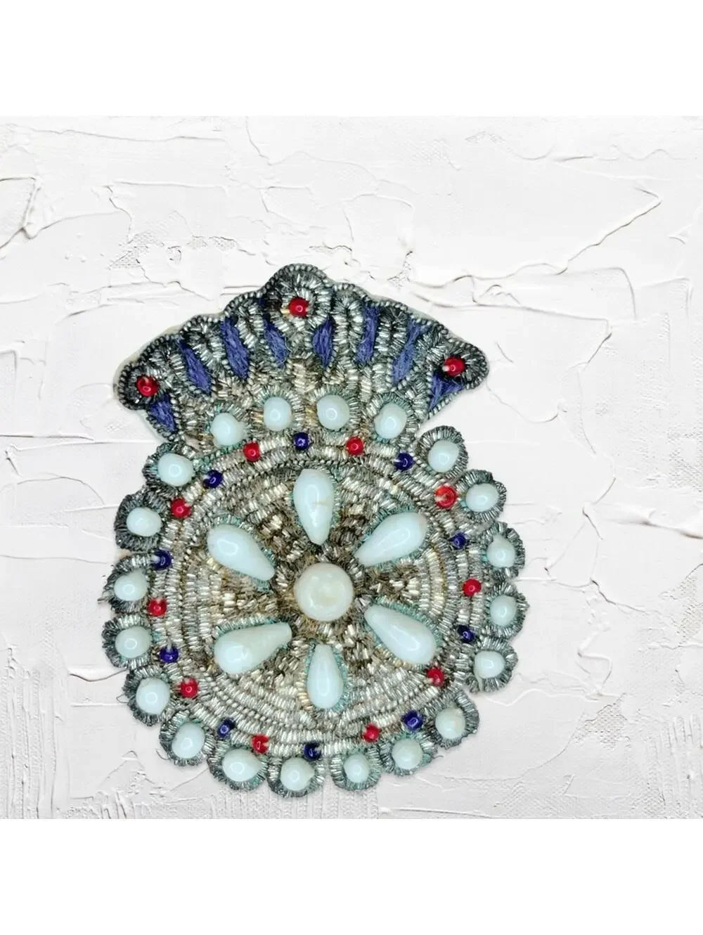 7272. Handmade Beaded Brooch with Blue and Red Accents